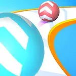 Duża niebieska kula z białymi strzałkami toczy się po zakrzywionej, pomarańczowo obramowanej ścieżce, a z tyłu widać mniejszą różową kulę z białymi strzałkami