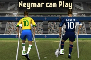 Dwóch piłkarzy na kulach stojących na boisku, jeden w żółtej koszulce z numerem 10, drugi w granatowej koszulce z numerem 10, z napisem Neymar can Play nad nimi