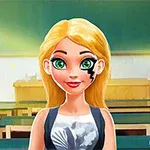 Dziewczyna z blond włosami i zielonymi oczami w szkolnej klasie, z rysunkiem błyskawicy na policzku