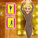 Postać kobiety w ciemnym stroju baletowym stoi w pozycji baletowej z uniesionymi rękami, otoczona czterema fioletowo-żółtymi ikonami przedstawiającymi różne baletowe sylwetki