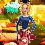 Postać w czerwonej spódnicy i granatowej bluzce, trzymająca torebkę, z balonami w tle i ikonami akcesoriów wokół