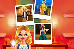 Kobieta o blond włosach na tle trzech zdjęć polaroid przedstawiających różne stylizacje