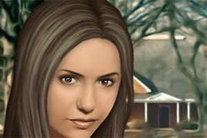 Animowana postać kobiety z długimi brązowymi włosami na tle rozmytego krajobrazu z domem