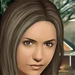 Animowana postać kobiety z długimi brązowymi włosami na tle rozmytego krajobrazu z domem