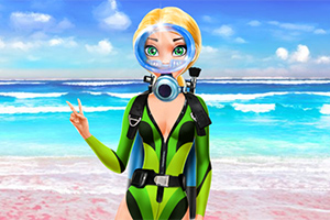 Postać w zielonym kombinezonie do nurkowania z maską na tle plaży z błękitnym morzem i błękitnym niebem