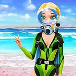 Postać w zielonym kombinezonie do nurkowania z maską na tle plaży z błękitnym morzem i błękitnym niebem