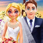 Para młoda ubrana w stroje ślubne, otoczona kolorowymi kwiatami, z zachodzącym słońcem w tle