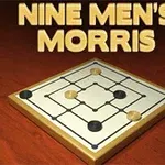 Plansza z pionkami w ciemnych i jasnych kolorach na tle drewnianego stołu, z napisem NINE MENS MORRIS u góry