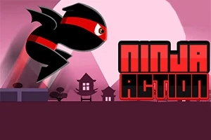 Czarna postać ninja z czerwoną opaską skacze na tle księżyca i orientalnych budynków, z napisem Ninja Action