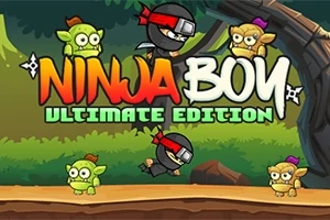 Mały ninja w czarnym stroju i czerwonej opasce otoczony przez małe, kolorowe stworki w lesie, z napisem Ninja Boy Ultimate Edition w tle