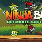 Mały ninja w czarnym stroju i czerwonej opasce otoczony przez małe, kolorowe stworki w lesie, z napisem Ninja Boy Ultimate Edition w tle