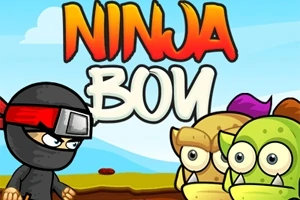 Ninja w czarnym stroju stoi naprzeciw dwóch potworów z wielkimi oczami, na tle kolorowego krajobrazu i napisu Ninja Boy