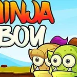 Ninja w czarnym stroju stoi naprzeciw dwóch potworów z wielkimi oczami, na tle kolorowego krajobrazu i napisu Ninja Boy