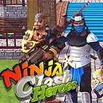 Czterech kolorowo ubranych wojowników z bronią, stojących przed schodami i budynkiem w tle