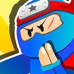 Niebieski ninja z czerwoną opaską i skrzyżowanymi rękoma na kolorowym tle