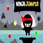 Czarny ninja z czerwoną opaską skacze na tle gór, otoczony przez kolorowe owoce i symbole ninja