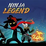 Trzech postaci w stylu ninja, z których jedna trzyma włócznię, na tle niebieskiego nieba i zarysu pagód