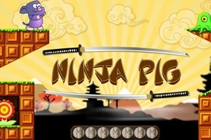 Fioletowa świnka i zielony stworek na tle japońskiego pejzażu z mieczami katana oraz napisem Ninja Pig