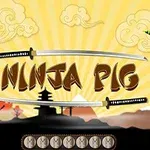 Fioletowa świnka i zielony stworek na tle japońskiego pejzażu z mieczami katana oraz napisem Ninja Pig