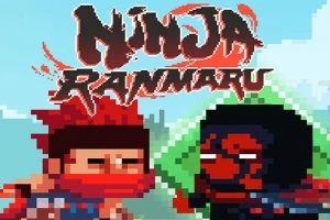 Dwóch pikselowych ninja, jeden w czerwonej opasce, drugi w czarnej masce, na tle nieba z tytułem Ninja Ranmaru