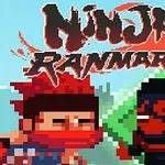 Dwóch pikselowych ninja, jeden w czerwonej opasce, drugi w czarnej masce, na tle nieba z tytułem Ninja Ranmaru