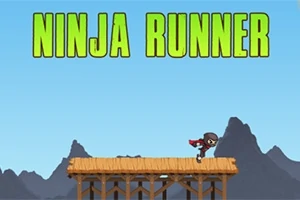 Ninja biegnie po drewnianym moście na tle górskiego krajobrazu z napisem Ninja Runner u góry