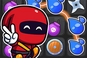 Czerwony bohater w masce pokazujący znak pokoju na tle kolorowych ikon w kształcie bombek i kropel