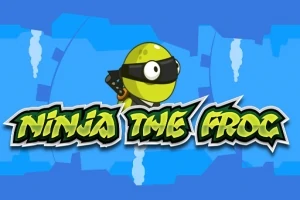 Zielona żaba z opaską ninja i mieczem, na niebieskim tle z napisem Ninja The Frog