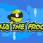 Zielona żaba z opaską ninja i mieczem, na niebieskim tle z napisem Ninja The Frog