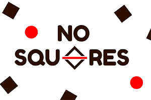 Napis NO SQUARES z czerwonym przekreśleniem w literze O, otoczony czarnymi kwadratami i czerwonymi kropkami na białym tle