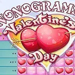 Dwa serca przebite strzałą na tle matrycy z serduszkami i napisami Nonograms Valentines Day