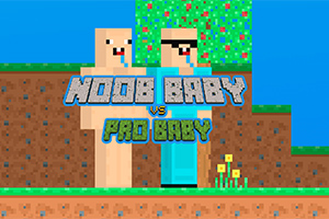 Dwie postacie w pikselowej grafice stoją na tle trawiastego terenu z drzewem i niebem w stylu klockowej estetyki, z napisem „Noob Baby vs Pro Baby” na środku