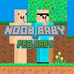 Dwie postacie w pikselowej grafice stoją na tle trawiastego terenu z drzewem i niebem w stylu klockowej estetyki, z napisem „Noob Baby vs Pro Baby” na środku