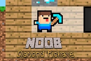 Postać z pikselową grafiką trzymająca niebieski kilof z napisem NOOB Diamond Pickaxe na tle drewnianej tablicy