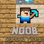 Postać z pikselową grafiką trzymająca niebieski kilof z napisem NOOB Diamond Pickaxe na tle drewnianej tablicy