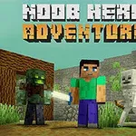 Postacie w stylu blokowym stojące na tle trawiastego krajobrazu z drewnianą konstrukcją, z dużym napisem Noob Hero Adventure