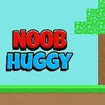 Kolorowy napis NOOB HUGGY obok pikselowej postaci stojącej pod drzewem na tle prostokątnego krajobrazu