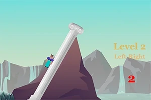 Postać wspinająca się po nachylonej kolumnie na tle gór z napisem Level 2 Left Right