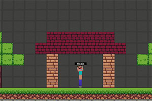 Postać w pikselowym stylu na tle budowli z cegieł, otoczonej drzewami i trawiastym terenem