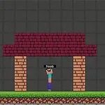 Postać w pikselowym stylu na tle budowli z cegieł, otoczonej drzewami i trawiastym terenem