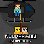 Postać w pikselowej grafice z helikopterem i napisem Noob Prison Escape na dole