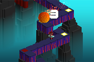 Postać w kapeluszu na krętej, pixelowej ścieżce z wirującą, pomarańczową kulą na tle turkusowego nieba