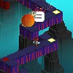 Postać w kapeluszu na krętej, pixelowej ścieżce z wirującą, pomarańczową kulą na tle turkusowego nieba