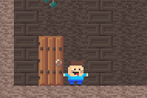 Pikselowa postać w niebieskim ubraniu stojąca obok drewnianych drzwi na tle kamiennej ściany