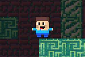 Pixelowa postać w niebieskim ubraniu na tle ciemnego labiryntu z zielonymi wzorami
