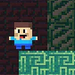 Pixelowa postać w niebieskim ubraniu na tle ciemnego labiryntu z zielonymi wzorami