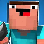 Postać w stylu pikselowym w niebieskiej koszulce trzymająca kamień na niebieskim tle