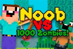 Postać z pikselową grafiką trzyma łuk obok napisu Noob vs 1000 Zombies!