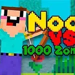 Postać z pikselową grafiką trzyma łuk obok napisu Noob vs 1000 Zombies!
