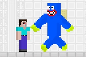 Postać z pikseli w niebieskim stroju z czerwonym uśmiechem i białymi zębami obok mniejszej postaci w niebieskiej koszulce i fioletowych spodniach na tle białych kafelków